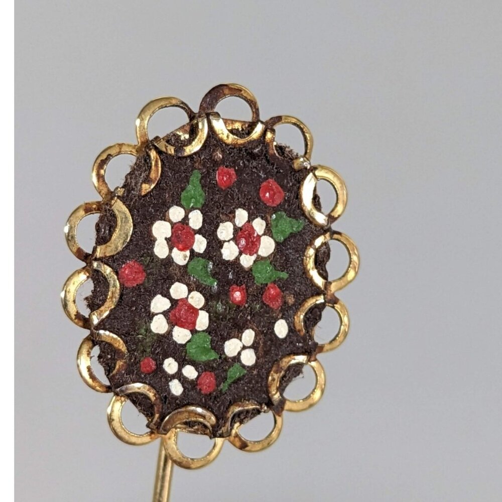 Vintage Gold Tone Brown Painted Flower Oval Small Stick Pin Boho Festival